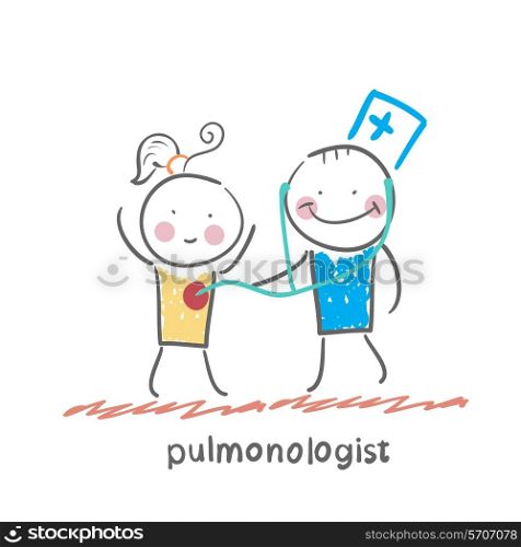 pulmonologist listens to the patient lungs. Fun cartoon style illustration. The situation of life.