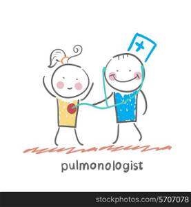 pulmonologist listens to the patient lungs. Fun cartoon style illustration. The situation of life.