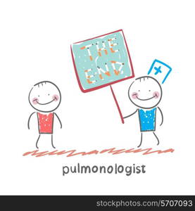 pulmonologist shows the patient a poster of the words &quot; the end&quot;. Fun cartoon style illustration. The situation of life.