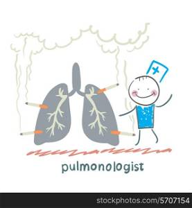 pulmonologist with light smoker. Fun cartoon style illustration. The situation of life.