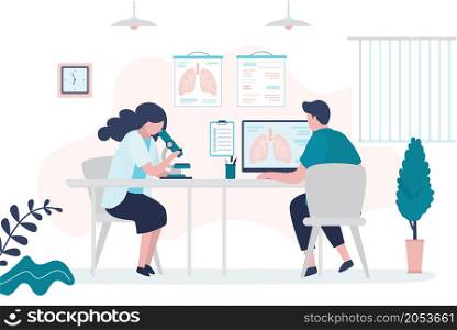 Pulmonologists identify diseases in lungs. Medical staff examines lungs with equipment. Respiratory organ on laptop screen. Interior of cabinet or office. Healthcare concept. Flat vector illustration. Pulmonologists identify diseases in lungs. Medical staff examines lungs with equipment. Respiratory organ on laptop screen