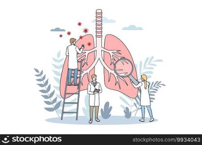 Pulmonology and lungs healthcare concept. Young doctors cartoon characters in white uniform examining lungs and respiratory system for Internal organ inspection check for illness, disease or problems. Pulmonology and lungs healthcare concept