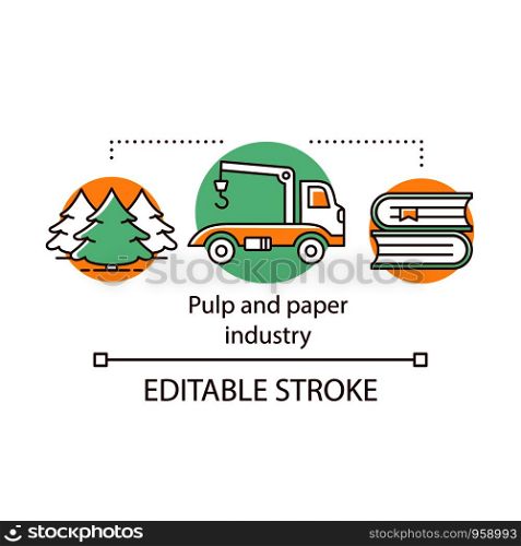 Pulp and paper industry concept icon. Wood processing. Cellulose-based products produce. Forest, timber, books idea thin line illustration. Vector isolated outline drawing. Editable stroke