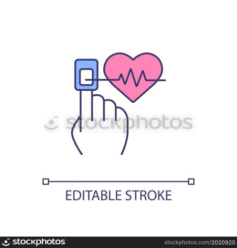 Pulse oximetry RGB color icon. Evaluating oxygen saturation level through fingertip. Electronic device. Oxygen in blood. Isolated vector illustration. Simple filled line drawing. Editable stroke. Pulse oximetry RGB color icon