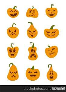 Pumkin scary Halloween face vector set. Halloween pumpkin or ghost grimace. Terrible eyes and mouth with a silhouette style. Emotion, icons of skeleton for makeup, a night party.. Pumkin scary Halloween face vector set. Halloween pumpkin or ghost grimace.