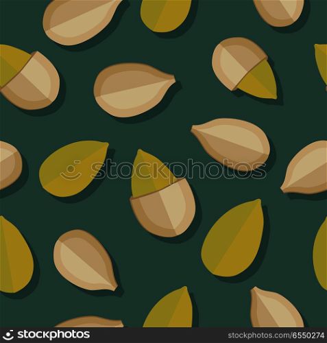 Pumkin Seeds Seamless Pattern. Pumkin seeds seamless pattern. Ripe pumkin seeds in flat. Pumkin seeds on a dark green background. Several pumkin seeds. Healthy vegetarian food. Vector illustration
