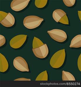Pumkin Seeds Seamless Pattern. Pumkin seeds seamless pattern. Ripe pumkin seeds in flat. Pumkin seeds on a dark green background. Several pumkin seeds. Healthy vegetarian food. Vector illustration