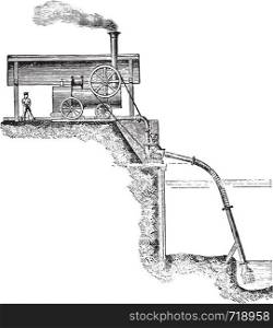 Pump applied to an exhaustion work, vintage engraved illustration. Industrial encyclopedia E.-O. Lami - 1875.