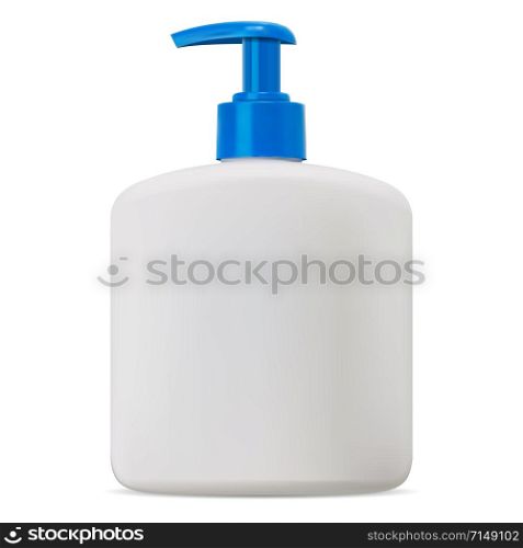 Pump bottle. Cosmetic soap package mockup blank. Plastic hand cream dispenser. Medicine treatment valve tube. White plastic liquid wash can mock up. Pump bottle. Cosmetic soap package mockup blank
