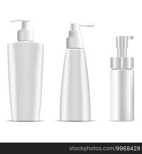 Pump bottle mockup. Cosmetic sh&oo or soap plastic bottles. Body moisturizer cosmetic package with pump batcher. Liquid wash product container, face skin care. Hand cream dispenser, beauty cosmetics. Pump bottle mockup. Cosmetic sh&oo or soap, gel