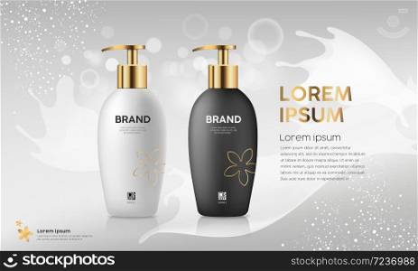 Pump bottle product collection, black and white with gold cap design on bokeh gray background, vector illustration