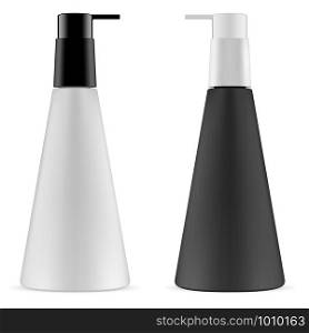 Pump Bottle Set. Cone Shape Dispenser Bottle Mockup. 3d Vector illustration. Black and White Plastic Container for Liquid Shampoo, Gel, Body Cream. Beauty Toiletries. Empty Spa Packaging. No Label. Pump Bottle Set. Cone Shape Mockup. 3d Vector