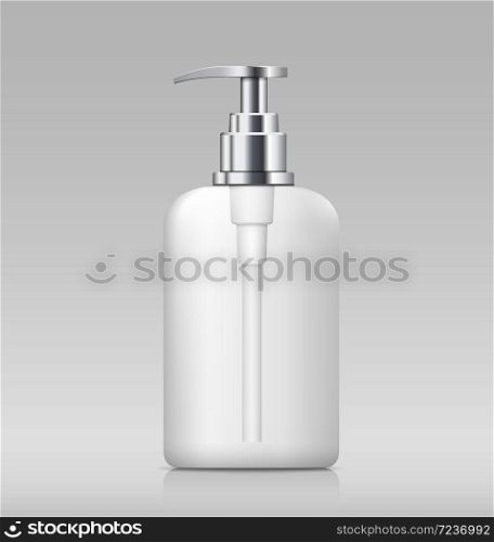 Pump bottle white and silver products template design on gray background, llustration