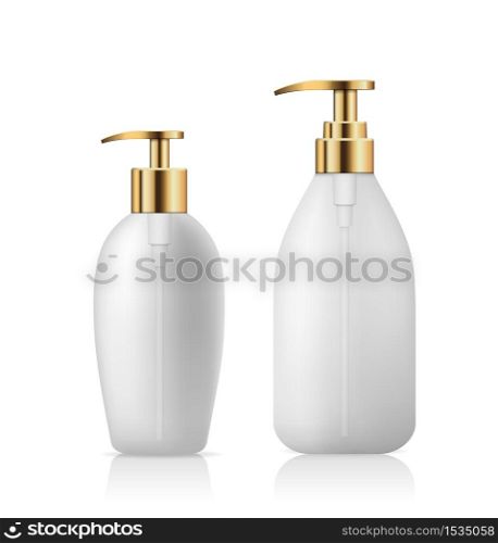 Pump bottle white product, with gold cap collection design isolated on white background, vector illustration