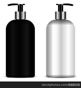 Pump bottles set realistic eps10 vector illustration. Black and white color. Elit cosmetics package with dispenser for liquid soap, cream, shampoo, oil gel.. Pump bottles set realistic vector illustration.