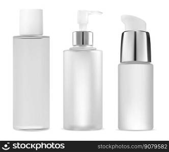 Pump cosmetic container mockup. Glass bottle for liquid moisturizer cream. Airless piump tube design for body gel or hair lotion. Face skin essence of foundation product bottle. Pump cosmetic container mockup. Liquid moisturizer bottle