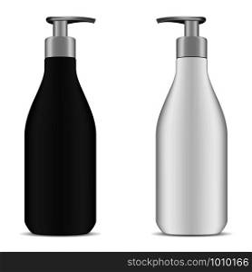 Pump Dispenser Bottle. Cosmetic Package. Plastic Container with Batcher for Shower Gel, Moisturizer, Foam. Black and White Clear Mockup Design. Face or Hand Care Product Packaging.. Pump Dispenser Bottle. Cosmetic Package. Plastic