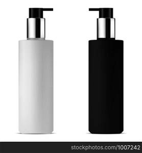 Pump Dispenser Buttle. Isolated Beauty Care Container for Cosmetic Cream, Liquid. Black and White Plastic Packaging for Slkin Moisturizer, Lotion, Shampoo. 3d Package Template Mockup. Realistic Can.. Pump Dispenser Buttle. Isolated Care Container
