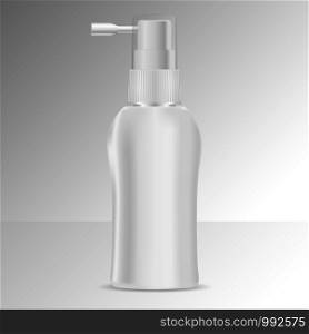 Pump dispenser hair tonic bottle mock up. Black and white isolated Vector illustration. Cosmetics or medicine packaging with spray cap.. Pump dispenser hair tonic bottle mock up. White