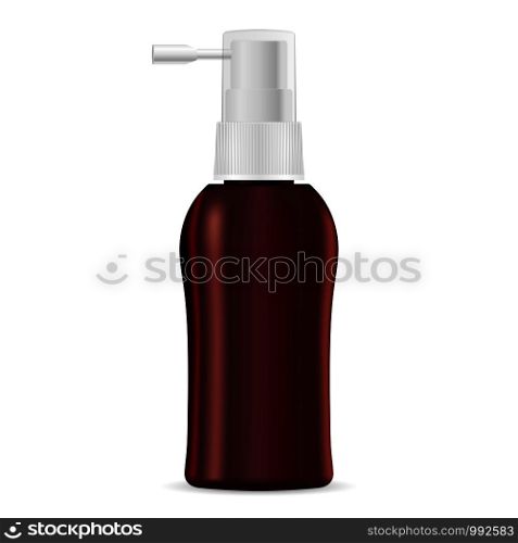 Pump dispenser hair tonic bottle mock up. Brown isolated Vector illustration. Cosmetics or medical inhalator packaging with spray lid. Brown Pump dispenser bottle mock up