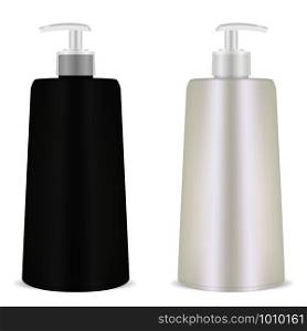 Pump Dispenser. Plastic Cosmetic Bottle. 3d Realistic Container Template. Isolated Black and White Mockup for Shampoo, Gel, Spray, Body Lotion, Shampoo.. Pump Dispenser. Plastic Cosmetic Bottle. Realistic