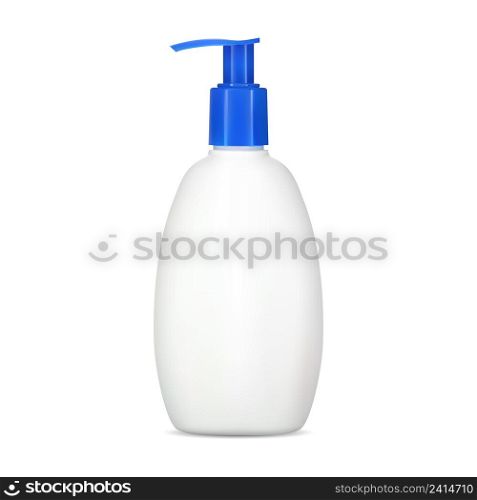 Pump shampoo bottle mockup, white container. Liquid soap dispenser package. Realistic template of plastic bottle for for hair moisturizer. Shower gel dispenser valve jar, face wash product. Pump shampoo bottle mockup, white container, vector