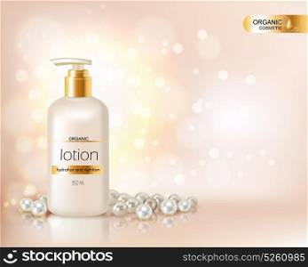 Pump Top Bottle With Organic Cosmetic Lotion . Pump top bottle with organic cosmetic lotion and gold cap decorated with scattering of pearls and glare background realistic vector illustration