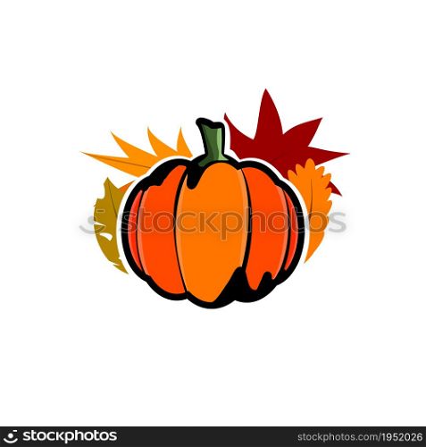 Pumpkin and autumn leaves on a white background. Icon with black stroke.