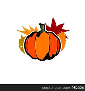 Pumpkin and autumn leaves on a white background. Icon with black stroke.