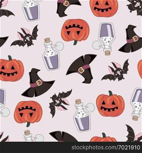 PUMPKIN AND BAT Halloween Seamless Pattern Vector Illustration