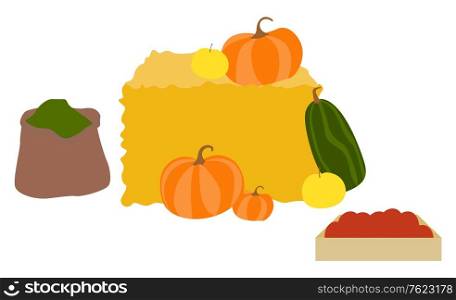 Pumpkin and cucumbers vector, isolated hay bale with products organic harvested production from farm. Flat style apples and spices, tomato in bag. Flat cartoon. Products of Autumn Season, Hay with Pumpkin Veggie
