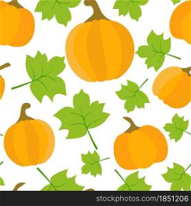 Pumpkin and leaves pattern autumn vector illustration. Background with vegetables, harvest. Thanksgiving template for wallpaper, background and packaging.. Pumpkin and leaves pattern autumn vector illustration.