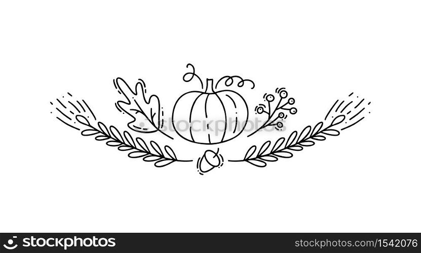 Pumpkin and leaves, spikes of wheat, acorns and branches. Vector hand drawn illustration.. Pumpkin and leaves, spikes of wheat, acorns and branches. Vector hand drawn illustration