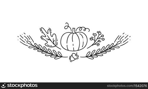 Pumpkin and leaves, spikes of wheat, acorns and branches. Vector hand drawn illustration.. Pumpkin and leaves, spikes of wheat, acorns and branches. Vector hand drawn illustration