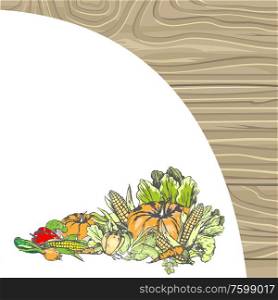 Pumpkin and onion foliage vector, sweet pepper and carrot organic food, beetroot and radish healthy food wooden background empty banner fresh meal. Fresh Food, Vegetables Veggies Empty Banner Vector
