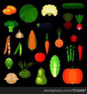 Pumpkin and tomato, potato and pepper, carrot and cabbage, onion and eggplant, cucumber and corn, broccoli and beet, radish and artichoke, bean and pea, garlic and zucchini, cauliflower and asparagus, kohlrabi, pattypan squash. Selected healthful fresh vegetables flat icons