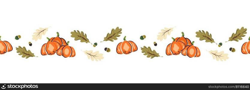Pumpkin autumn seamless horizontal pattern with leaves, Thanksgiving, harvest or Halloween seasonal vector background design