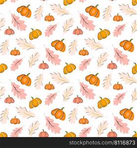 Pumpkin autumn seamless pattern print with leaves, Thanksgiving, harvest or Halloween seasonal background design