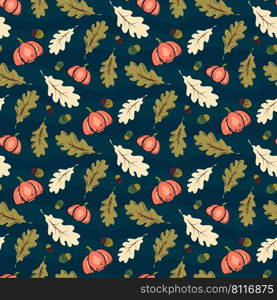 Pumpkin autumn seamless pattern print with leaves, Thanksgiving, harvest or Halloween seasonal background design