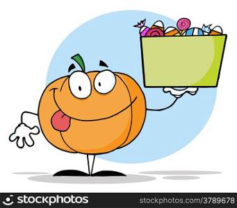 Pumpkin Cartoon Character Holding Up A Tub Of Candy