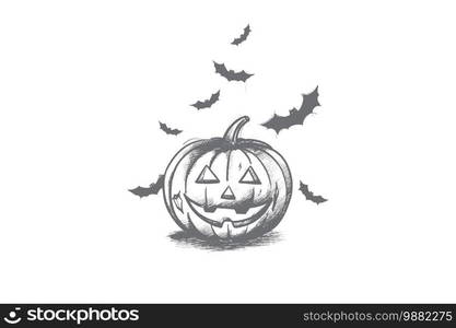 Pumpkin concept. Hand drawn decorated pumpkin as symbol of Halloween. Preparation for autumn holidays isolated vector illustration.. Pumpkin concept. Hand drawn isolated vector.