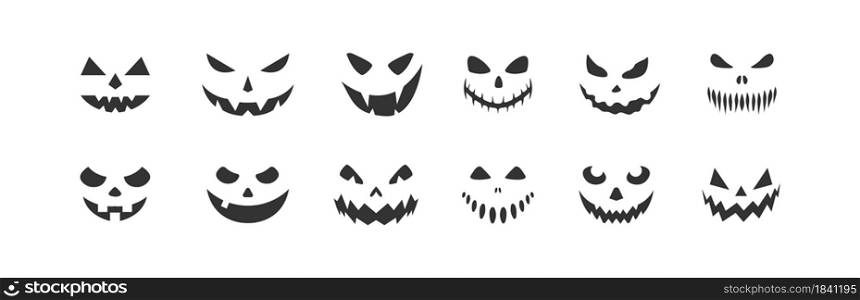 Pumpkin face silhouettes icon set. Vector Halloween flat illustration