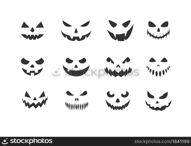 Pumpkin face silhouettes icon set. Vector Halloween flat illustration