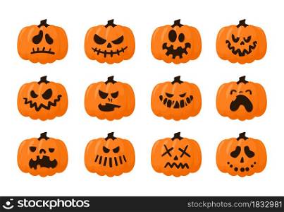 Pumpkin faces. Scary Halloween carved symbol with spooky emotions, Jack face bright pumpkins collection, autumn celebration symbol. Traditional decor elements for design. Vector cartoon isolated set. Pumpkin faces. Scary Halloween carved symbol with spooky emotions, Jack face bright pumpkins collection, autumn celebration symbol. Decor elements for design. Vector cartoon isolated set