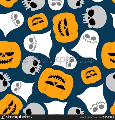 Pumpkin, Ghost and skull seamless pattern. Vector backgrounds for Halloween. Texture for holiday Beggars Night&#xA;