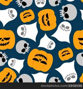 Pumpkin, Ghost and skull seamless pattern. Vector backgrounds for Halloween. Texture for holiday Beggars Night&#xA;