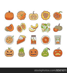 pumpkin halloween autumn orange icons set vector. thanksgiving, fall vegetable, cute decoration, face squash, scary evil lantern pumpkin halloween autumn orange color line illustrations. pumpkin halloween autumn orange icons set vector