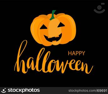 Pumpkin halloween card. Cute orange pumpkin on black background with text Happy Halloween. Holiday vector illustration