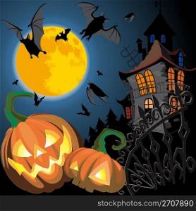 Pumpkin Halloween Card with bat, old house and moon