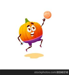 Pumpkin healthy food cartoon character playing on beach with ball isolated funny emoticon kids food. Vector cute squash in shorts, smiling pumpkin with eyes, summer sport activities vacation holidays. Cartoon character pumpkin vegetable play with ball